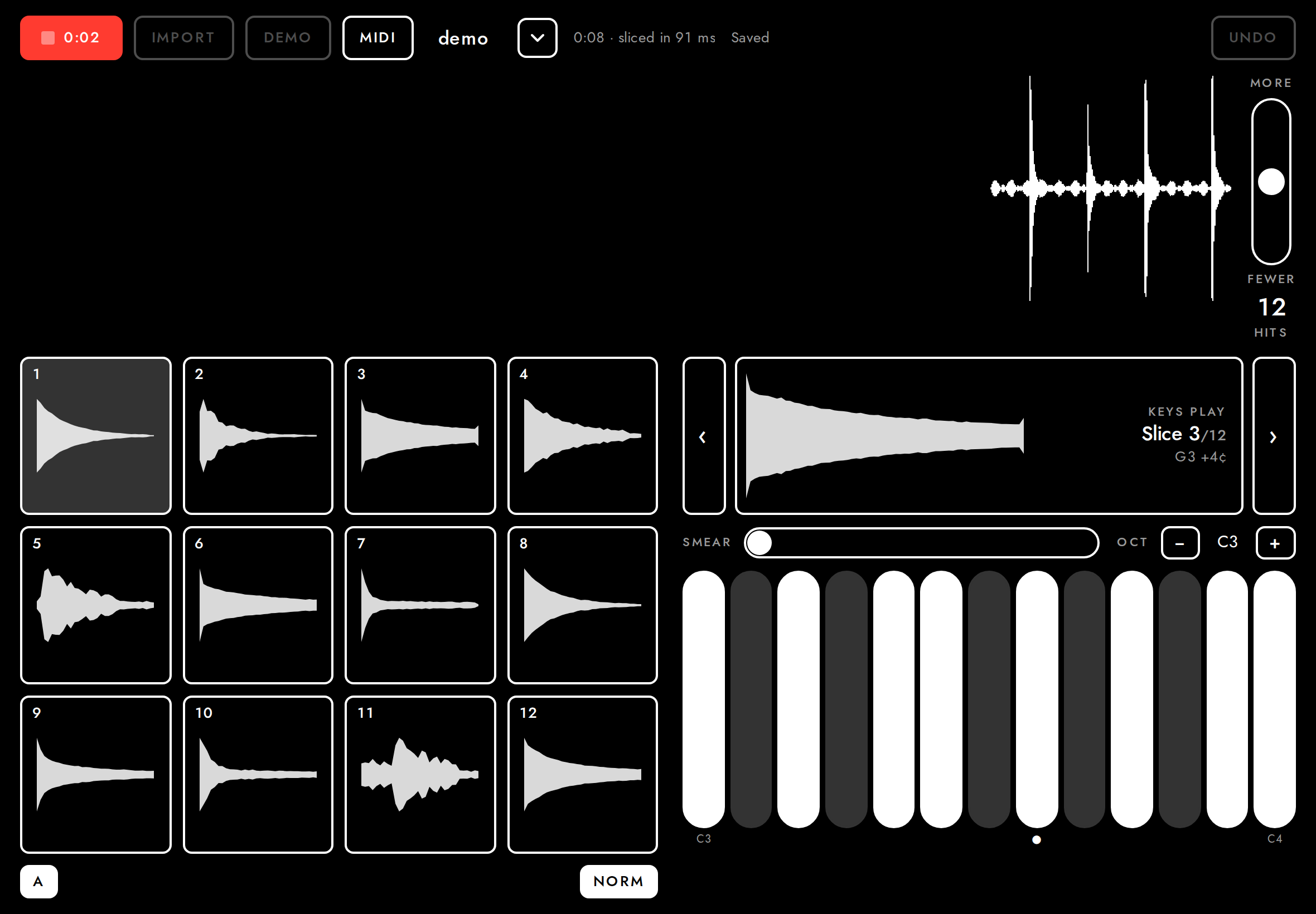 Recording: live waveform, elapsed time on the Rec button.