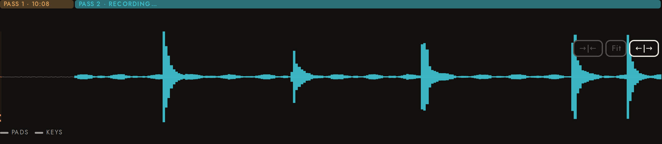 The waveform while recording into the take.