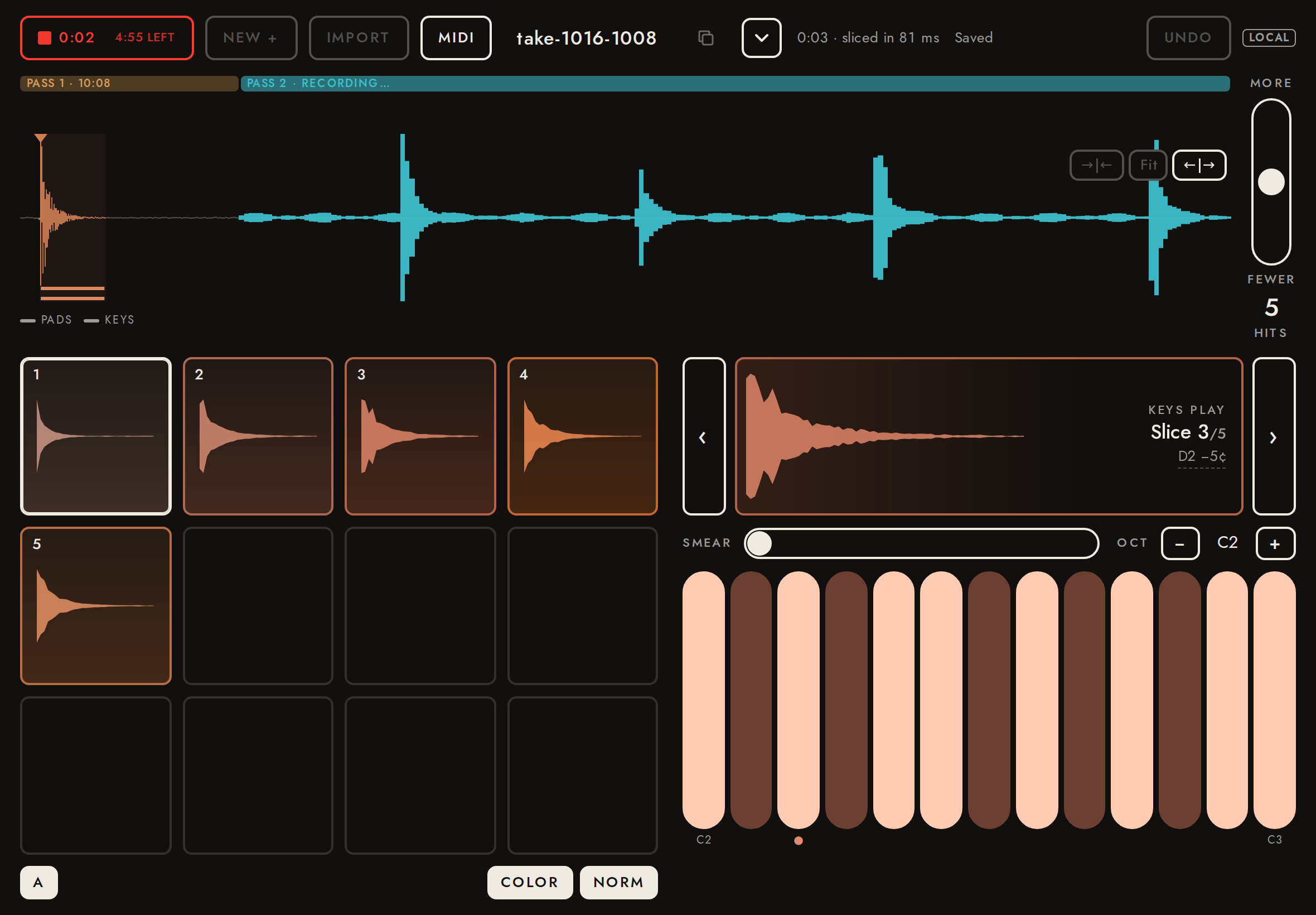 Recording onto the end of the take: the new pass scrolls in at the take’s scale, with its band.