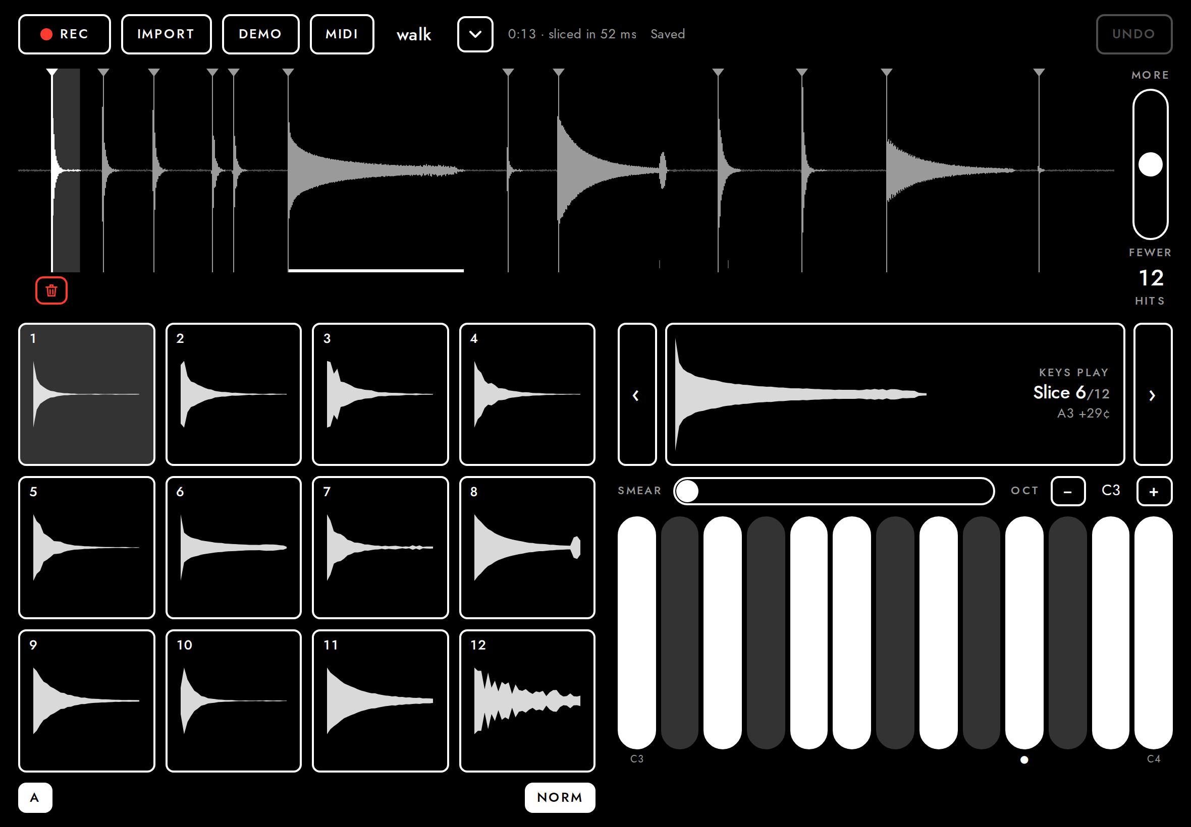 Pad flashes on touch; its slice is selected on the waveform.