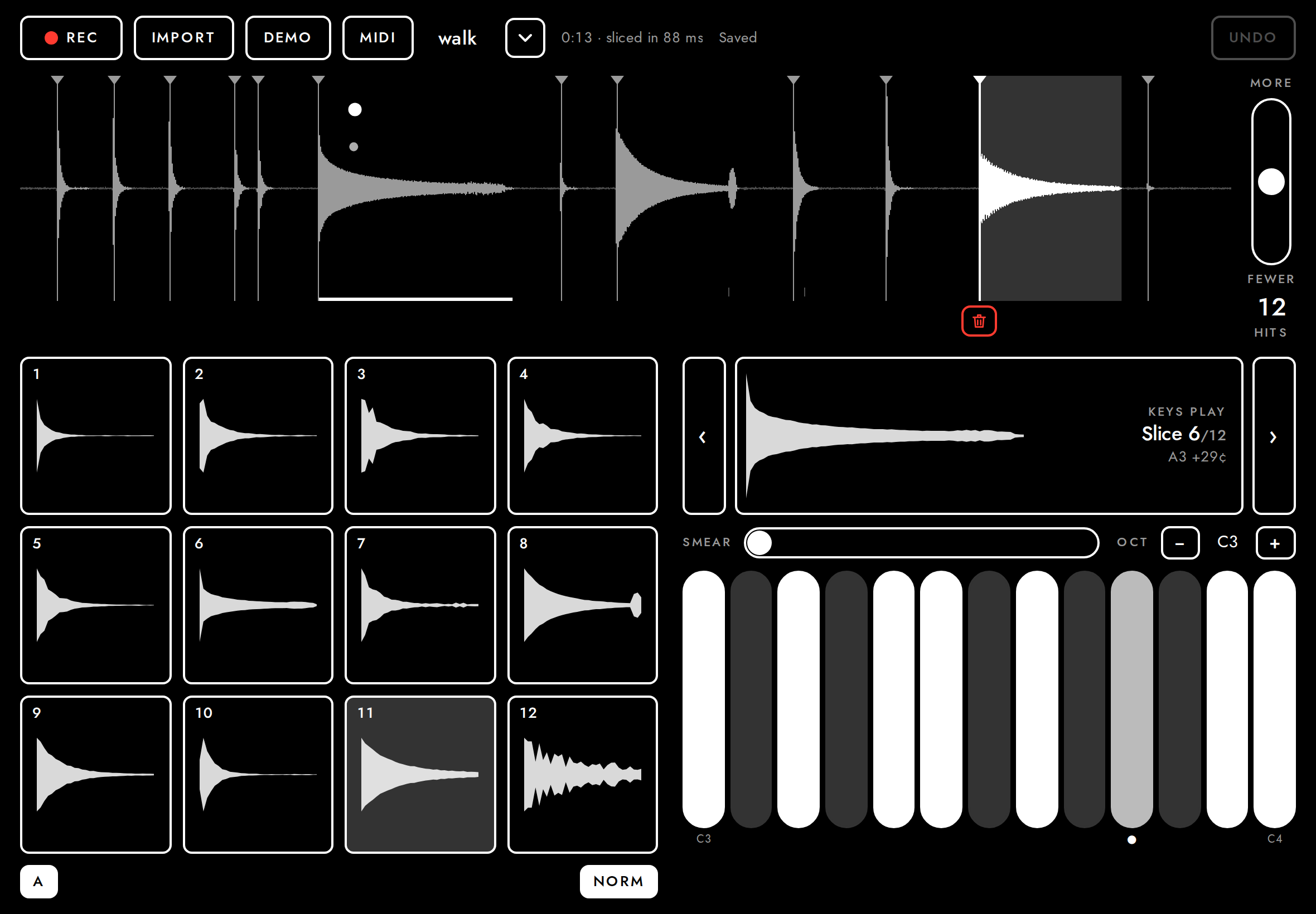 Holding the root key: the key lights, grains show on the waveform.