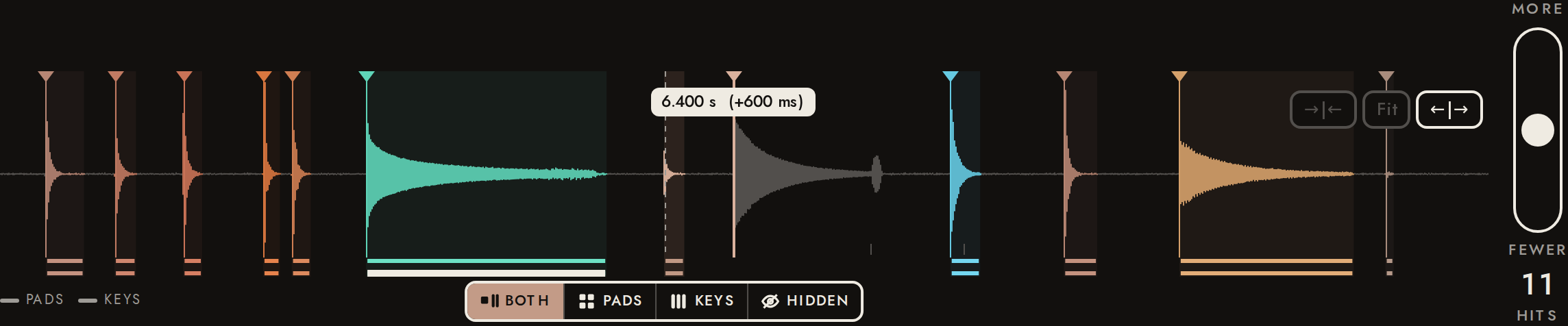 Dragging the quiet knock’s marker: it has snapped to the glass’s attack; the dashed line is where it was, the readout shows the time and the offset.