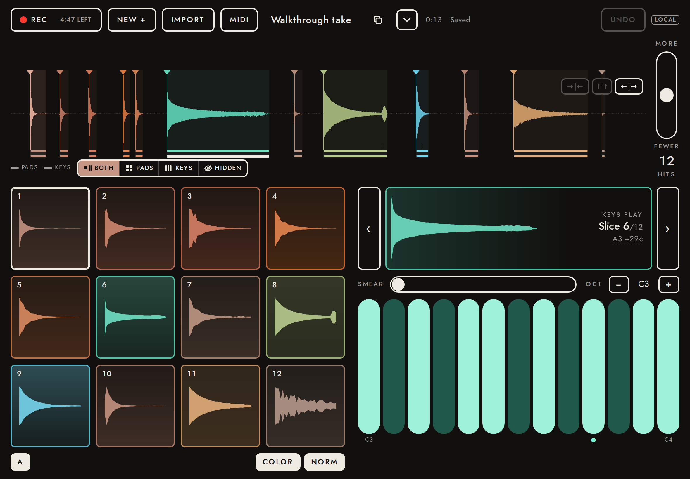 Timbre map: thuds and knocks warm; the pluck, glass and keys cool.