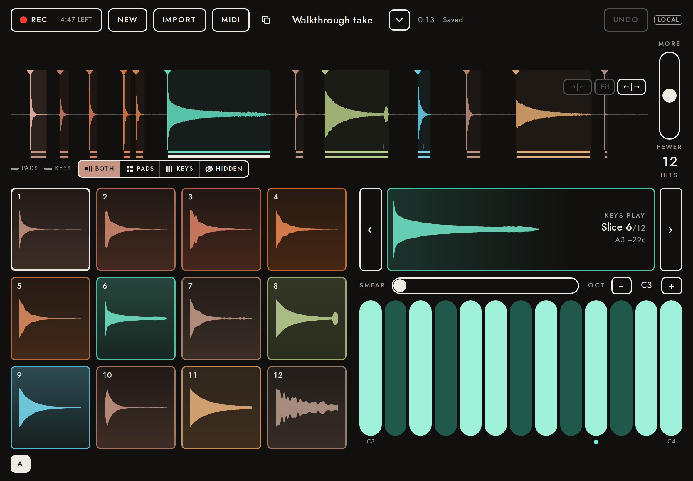 Timbre map: thuds and knocks warm; the pluck, glass and keys cool.