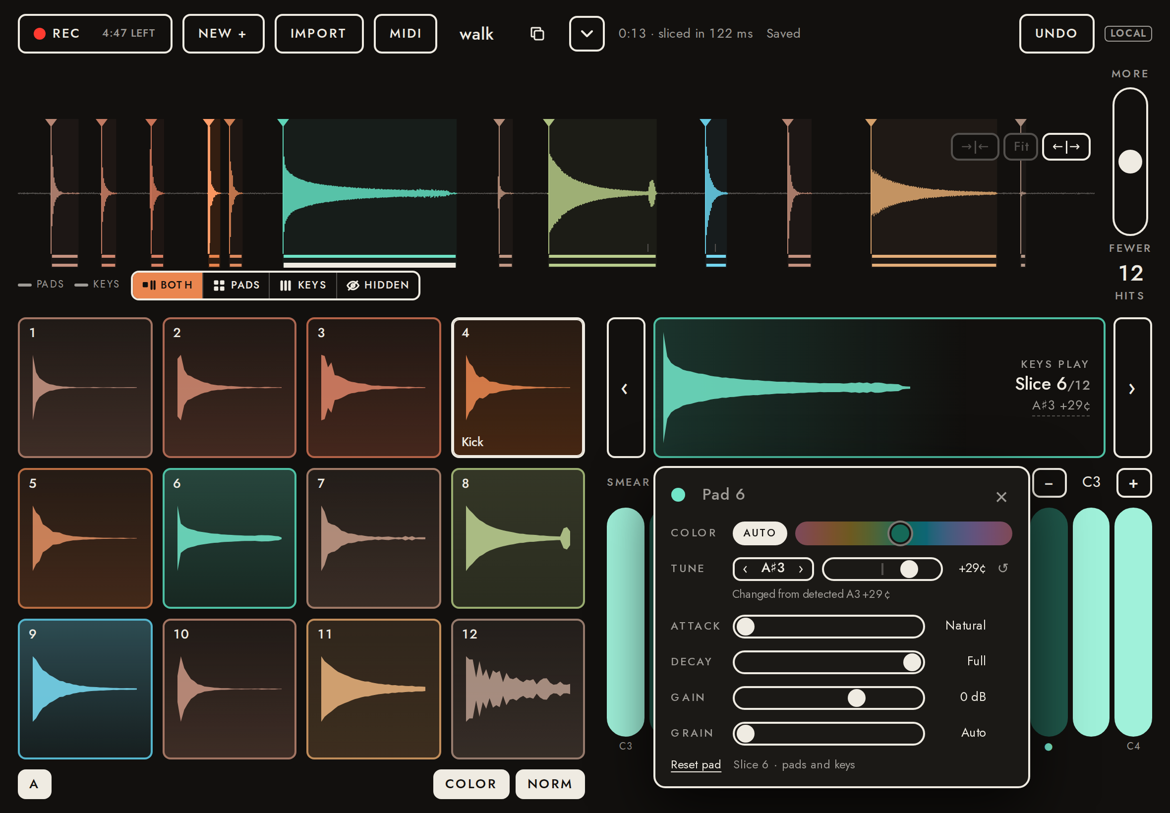 The pluck’s settings (pitched), from the Keys card.