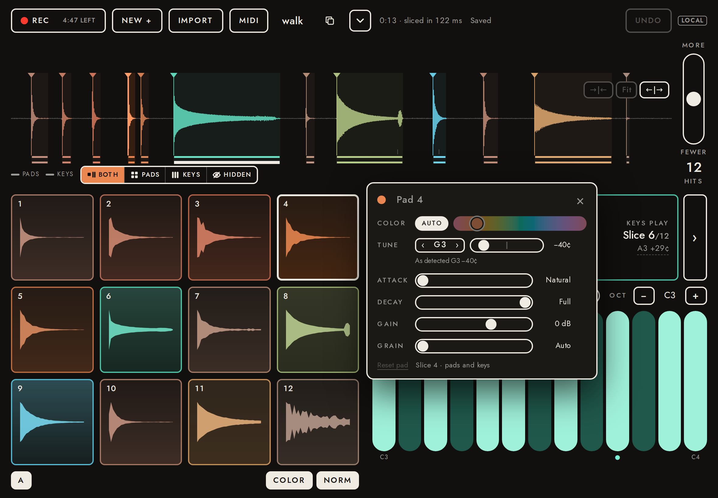 The settings of the knock’s pad (unpitched): name, Color, Tune, Gain, Reset.