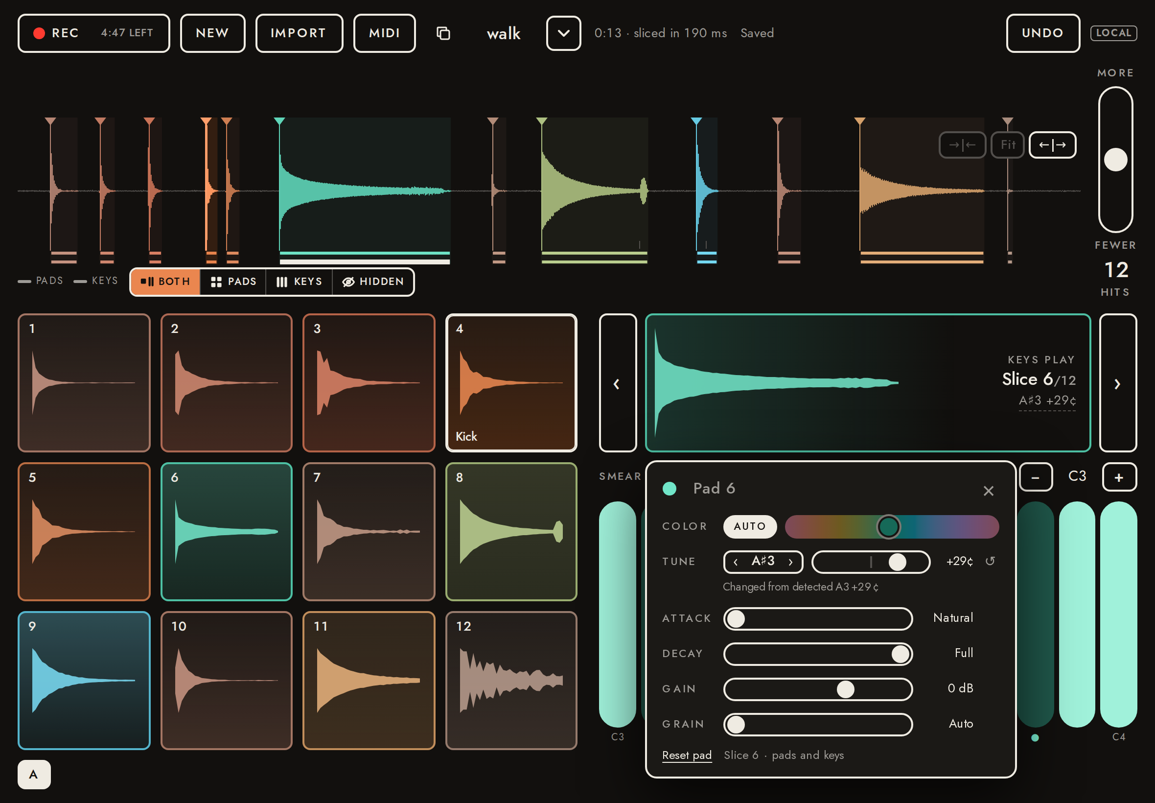 The pluck’s settings (pitched), from the Keys card.