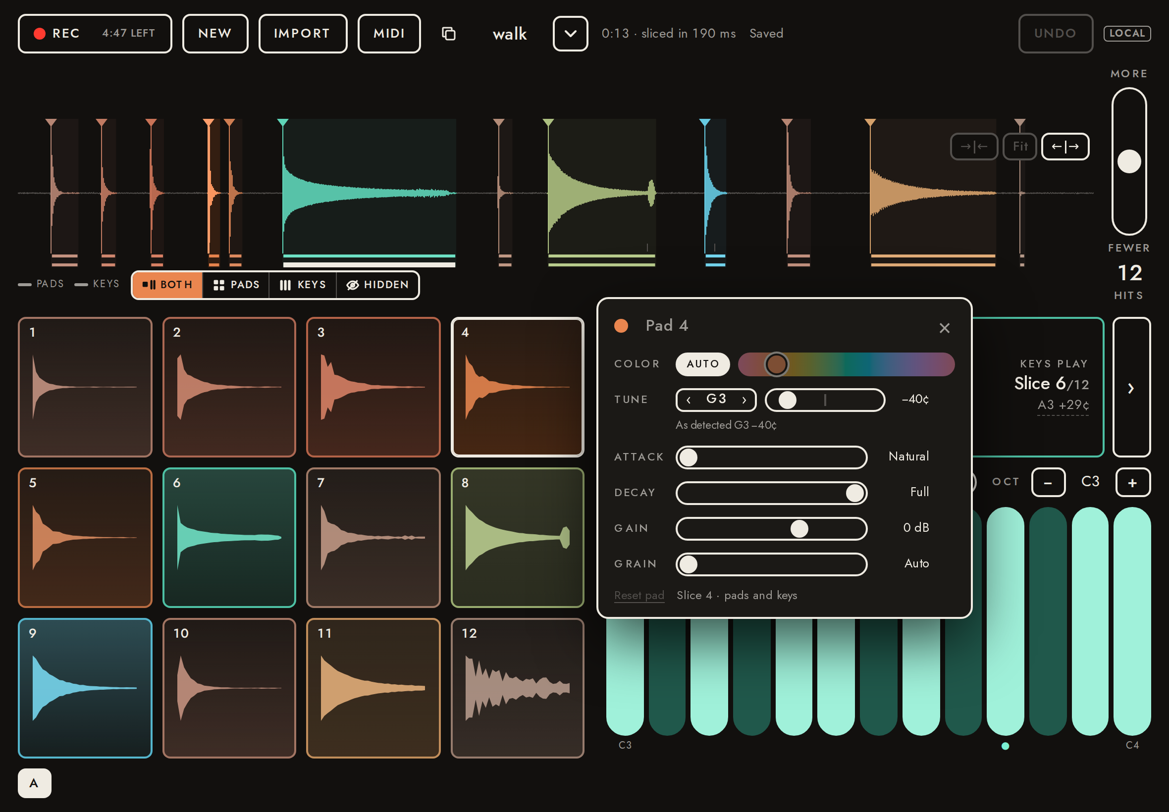The settings of the knock’s pad (unpitched): name, Color, Tune, Gain, Reset.