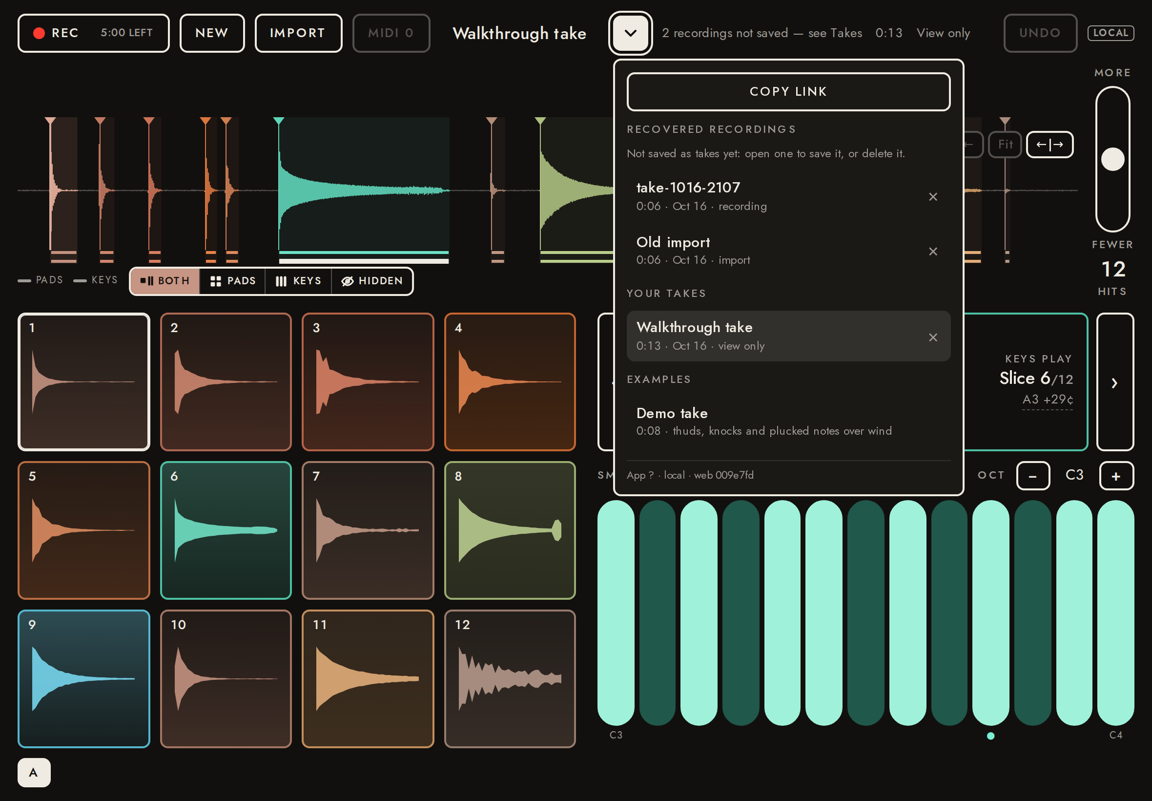 Recovered recordings at the top of the takes menu.